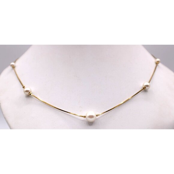 Dainty Gold-Tone Faux Pearl Station Necklace Vintage Delicate 24" Snake Chain - Picture 2 of 10